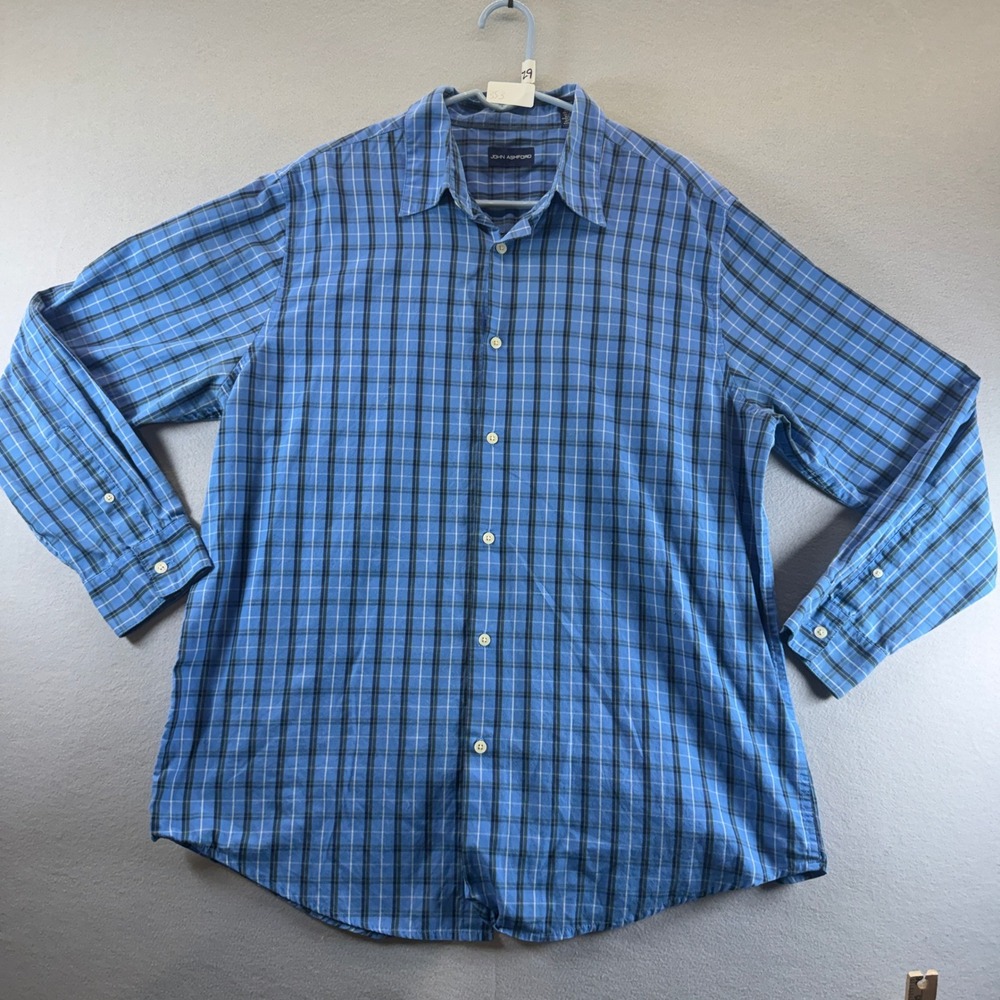 John Ashford‎ Mens XL Blue Plaid Button Down Shirt Long Sleeve Cotton Blend